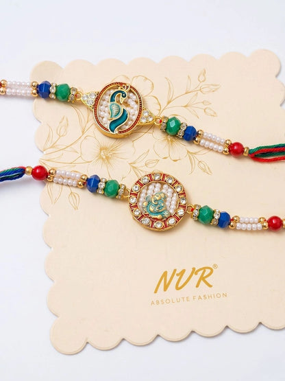Dhiyona Set Of 2 Multicolor Peacock Design Rakhi With Roli Chawal Chandan Mishri