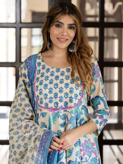 Dhiyona KL Kalini Women Floral Printed Pure Cotton Anarkali Kurta and Trousers With Dupatta