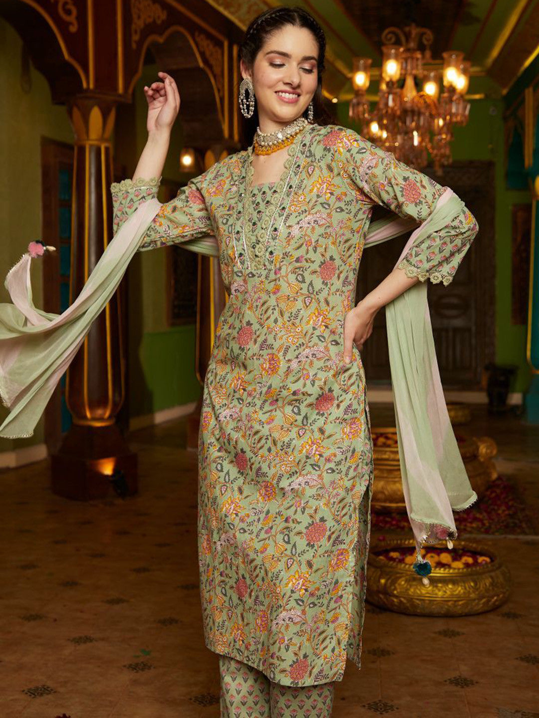 Floral Printed Pure Cotton Straight Kurta With Trousers & Dupatta Set