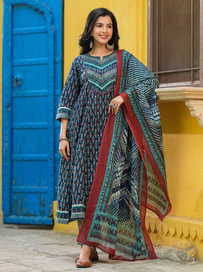 Dhiyona RR Women's Ethnic Motifs Printed Pure Cotton Kurta with Trousers & Dupatta