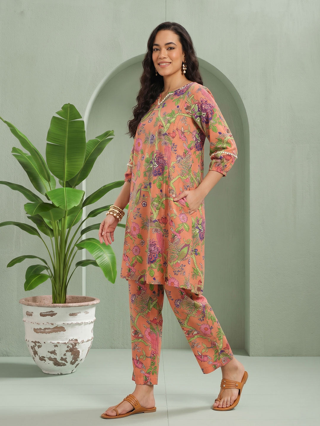 Dhiyona SN Floral Printed Lace Insert Detail Pure Cotton A-Line Kurta with Trousers