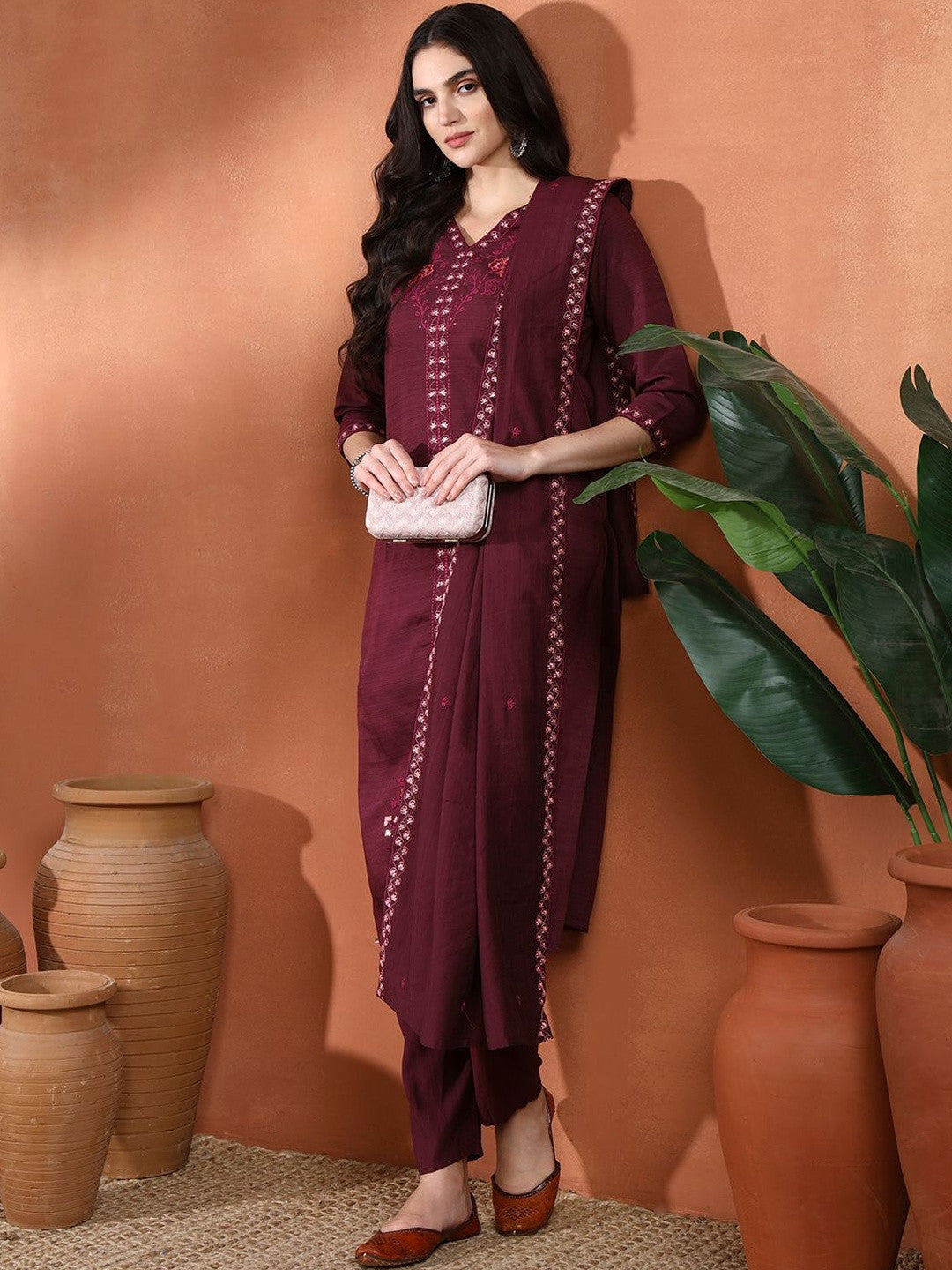 Ethnic Motifs Embroidered Sequinned Straight Kurta with Trouser & Dupatta