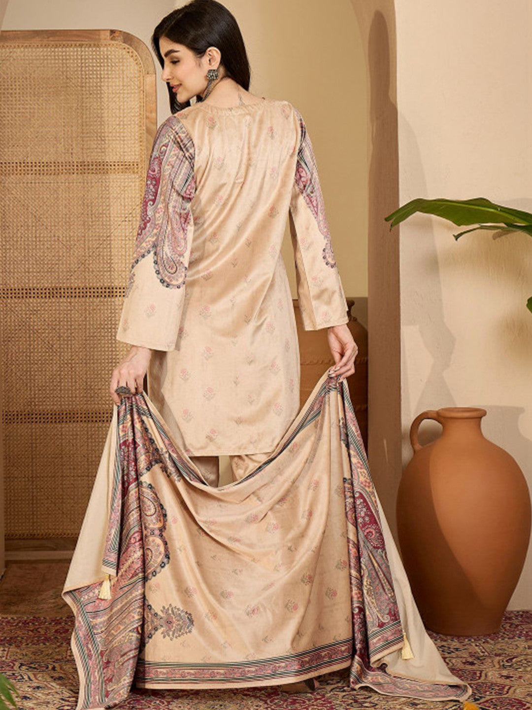 Winter Woven Design Velvet Round Neck Kurta & Palazzos With Dupatta