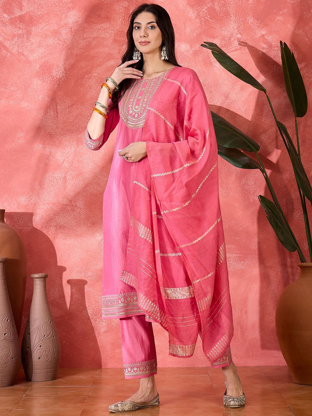 Dhiyona SN Women's Floral Embroidered Kurta with Trousers & Dupatta