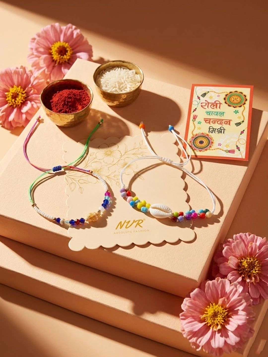 Dhiyona Set Of 2 Artificial Beads Thread Rakhi With Roli Chawal Chandan Mishri