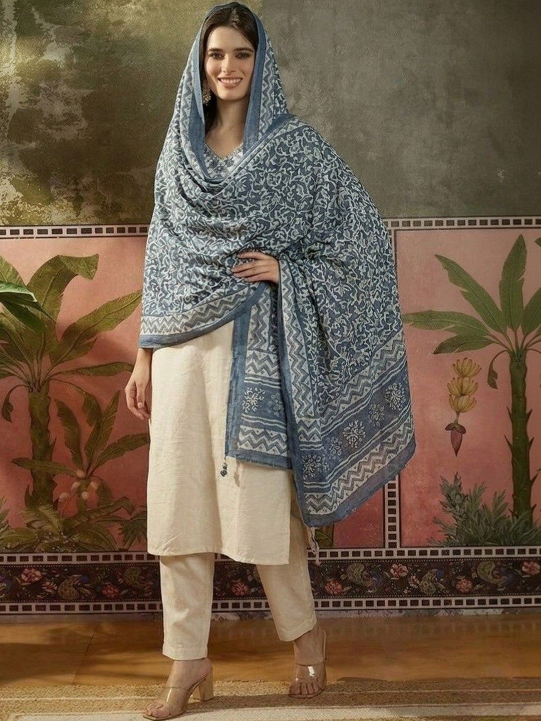 Embroidered Pure Cotton V-Neck Kurta & Trousers With Dupatta