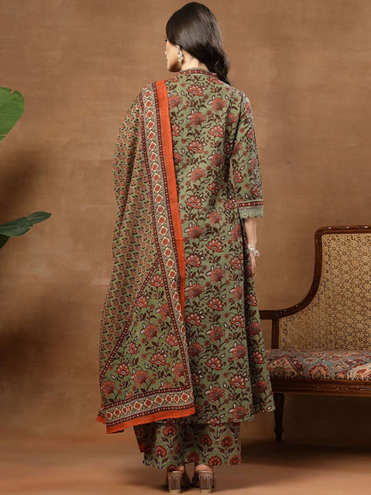 Printed Pure Cotton V-Neck Kurta & Palazzos With Dupatta