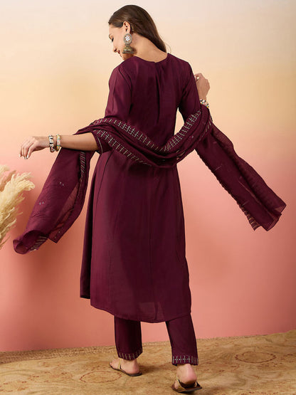 Embroidered Straight Kurta With Pyjamas & Dupatta