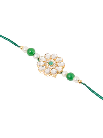 Dhiyona Set Of 2 Kundan Floral Design Gold Toned Bhaiya Bhabhi Rakhi Set With Roli Chawal