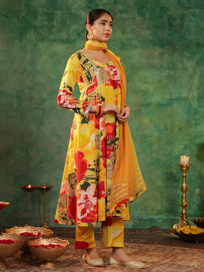 Dhiyona RR Women's Floral Printed Gotta Patti Pure Cotton Kurta Sets