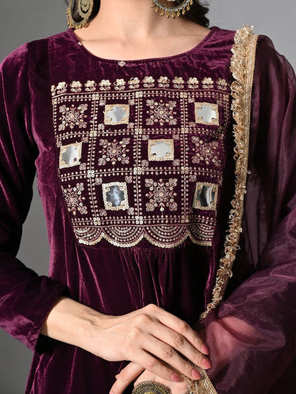 Embroidered Velvet Round Neck Kurta & Trousers With Dupatta