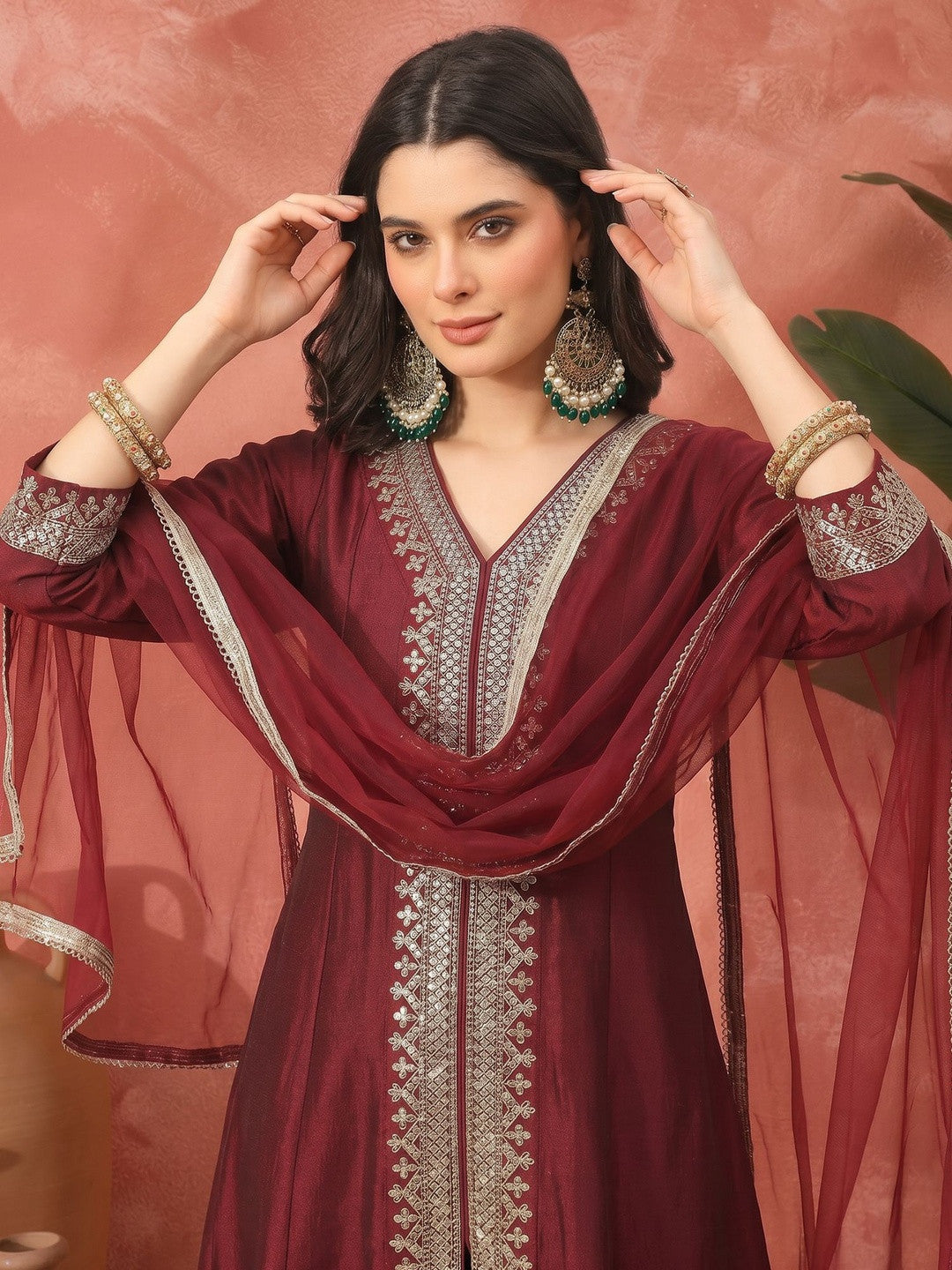 Printed Silk Blend Shirt Collar Kurta & Trousers With Dupatta