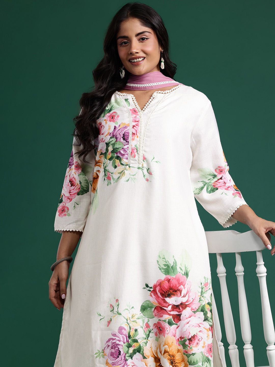Dhiyona IE Floral Print Beads & Stones Kurta with Trousers & Dupatta