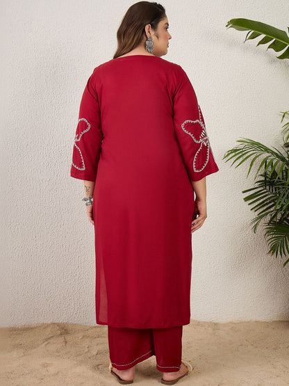 Plus Size Maroon Embroidered Straight Kurta Palazzos Set