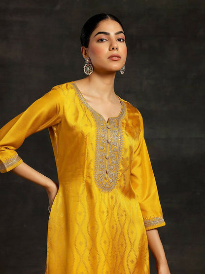 Women's LB Mustard Woven Design Silk Blend Straight Suit With Dupatta