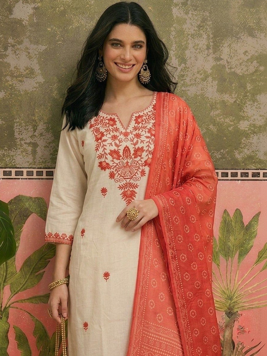Embroidered Pure Cotton Round Neck Kurta & Trousers With Dupatta
