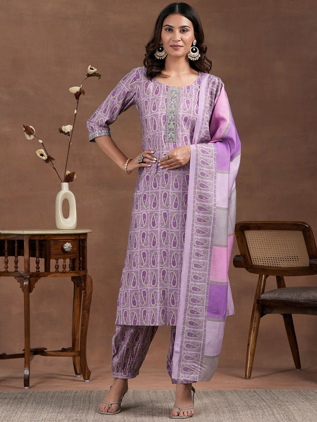 Paisley Printed Sequinned Straight Kurta With Salwar & Dupatta