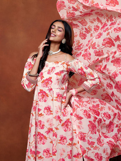 Floral Printed Off Shoulder Anarkali Kurta With Trousers And Dupatta