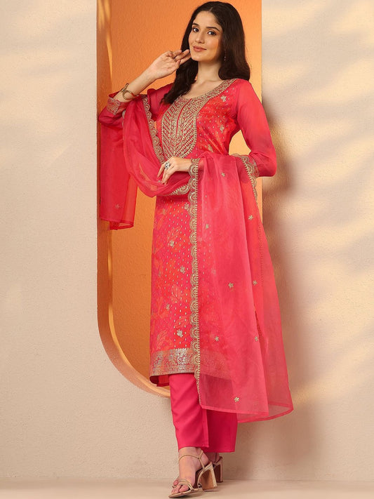 Ethnic Motifs Embroidered Zari Work Straight Kurta With Trousers & Dupatta
