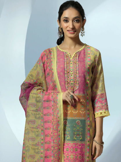 Women's LB Yellow Printed Linen Straight Suit With Dupatta