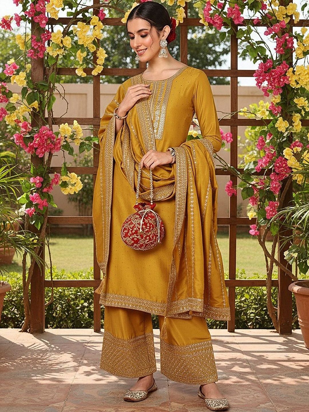 Dhiyona KL Floral Embroidered Thread Work Straight Kurta With Palazzos & Dupatta