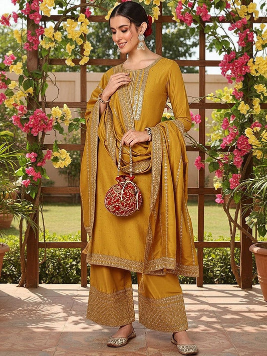 Dhiyona KL Floral Embroidered Thread Work Straight Kurta With Palazzos & Dupatta