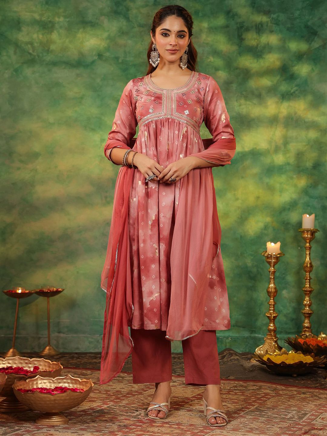 Dhiyona RR Women's Bandhani Printed Pure Cotton Anarkali Kurta With Trousers & Dupatta