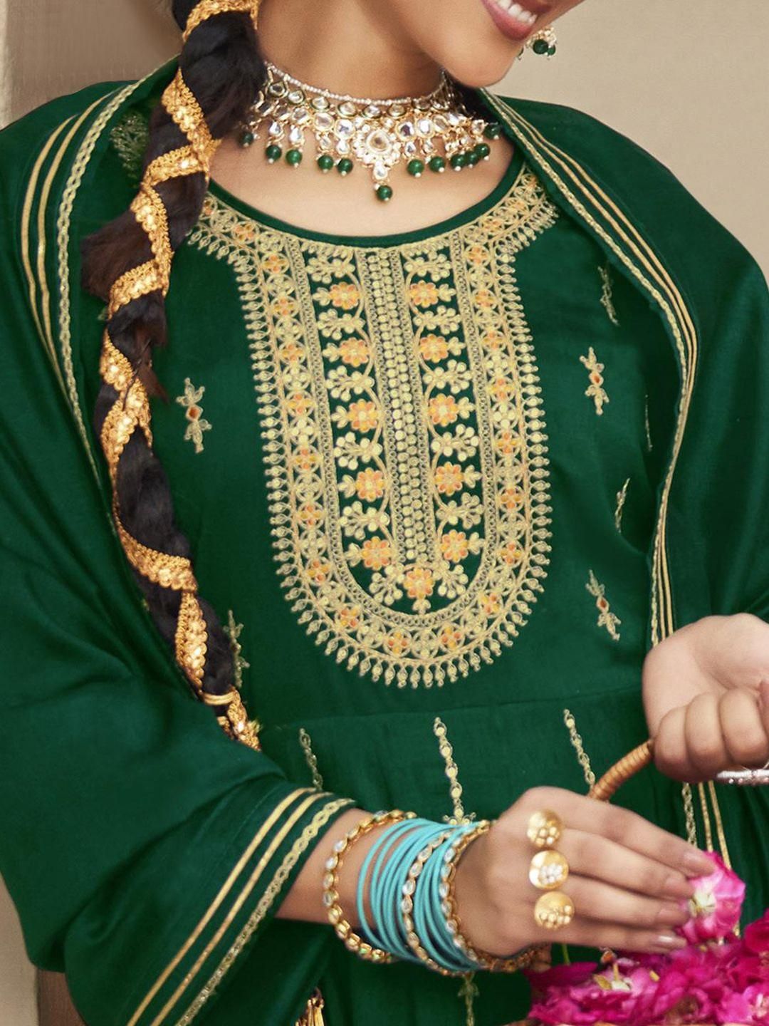 Dhiyona CH Women Woven Design Embroidered A-Line Kurta with Trousers & Dupatta