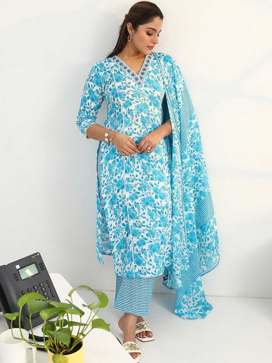Women Floral Printed Regular Kurta with Trousers & With Dupatta