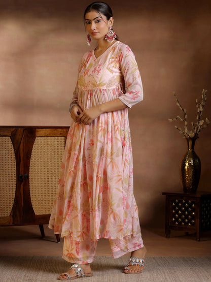 Women's LB Pink Printed Poly Chiffon A-Line Kurta With Palazzos & Dupatta