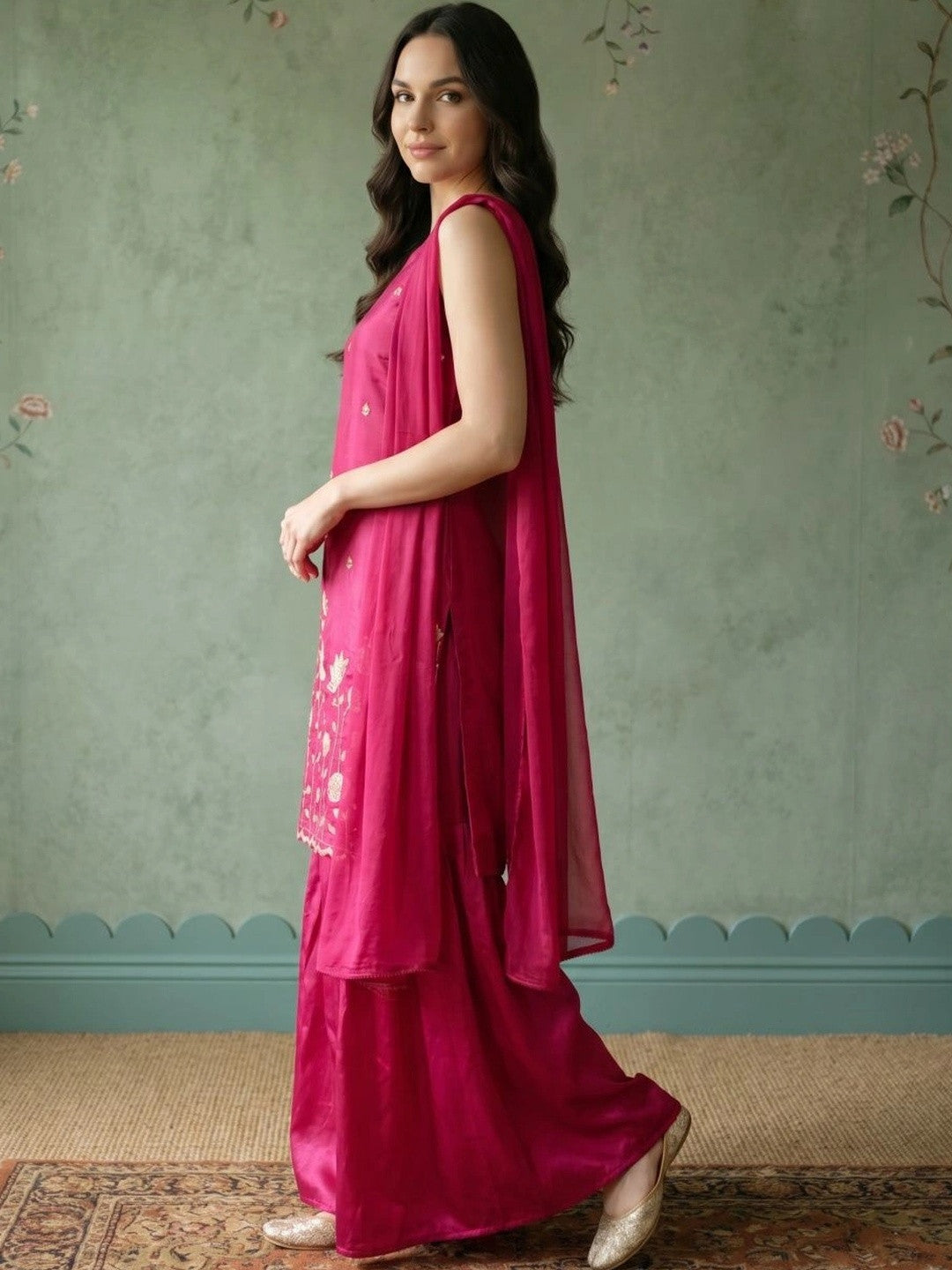 Women Floral Embroidered Regular Thread Work Kurta with Sharara & With Dupatta
