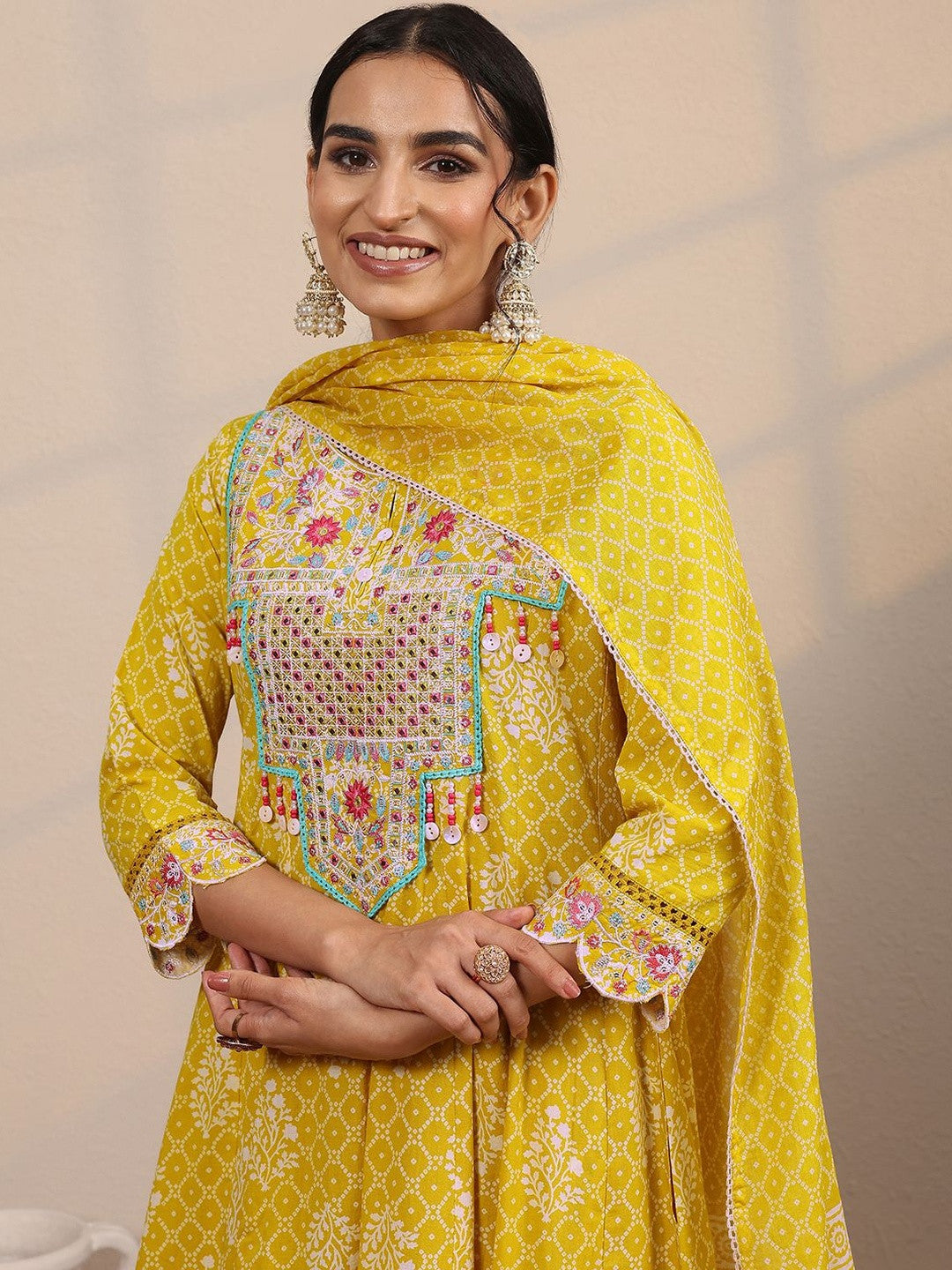 Women Ethnic Motifs Printed Pleated Zari Anarkali Kurta with Trousers & With Dupatta
