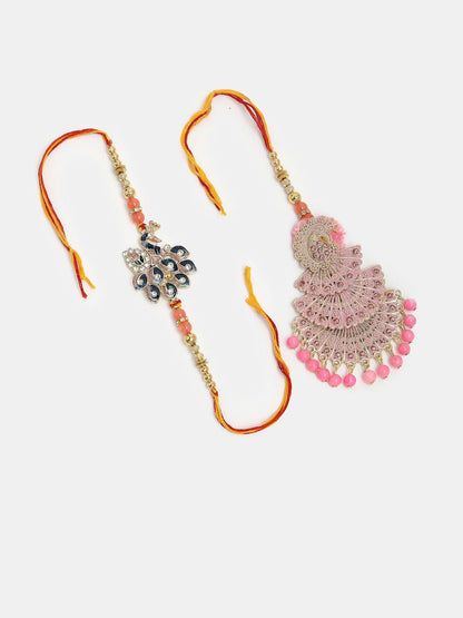 Dhiyona Unisex Set Of 2 Multicolor Peacock Design Stone & Beaded Bhaiya Bhabhi Rakhi
