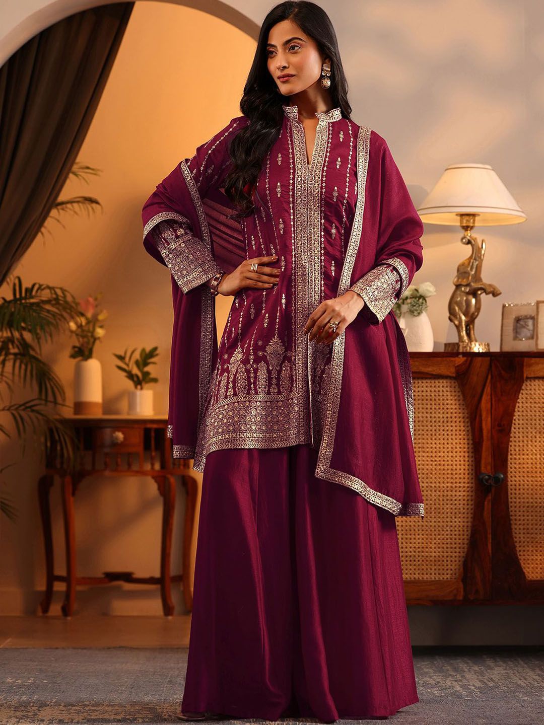 Dhiyona LL Women Ethnic Motifs Embroidered Sequinned Kurta with Palazzos & Dupatta