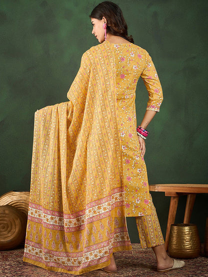 Printed & Thread Work Pure Cotton Kurta With Trousers & Dupatta Set