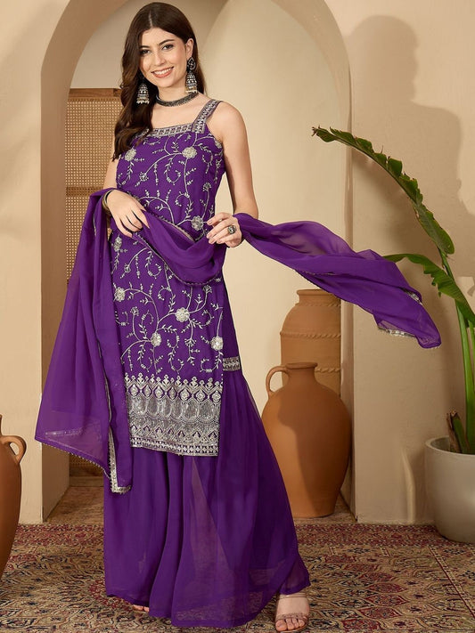 Dhiyona SN Women Ethnic Motifs Embroidered Regular Thread Work Kurta with Sharara & Dupatta