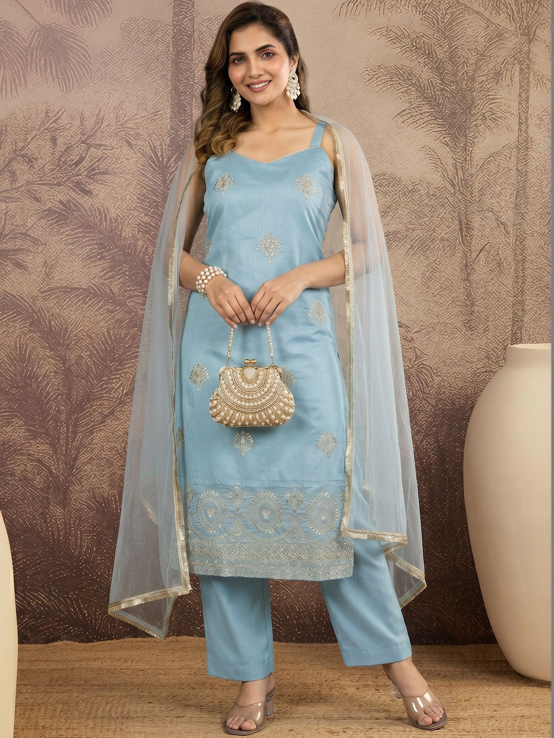 Dhiyona SN Embroidered Round Neck Kurta & Trousers With Dupatta