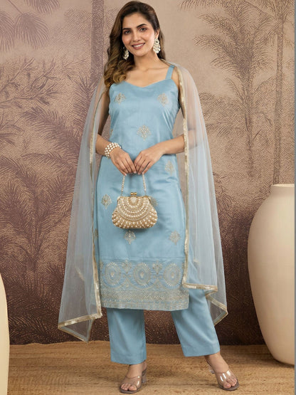Embroidered Round Neck Kurta & Trousers With Dupatta