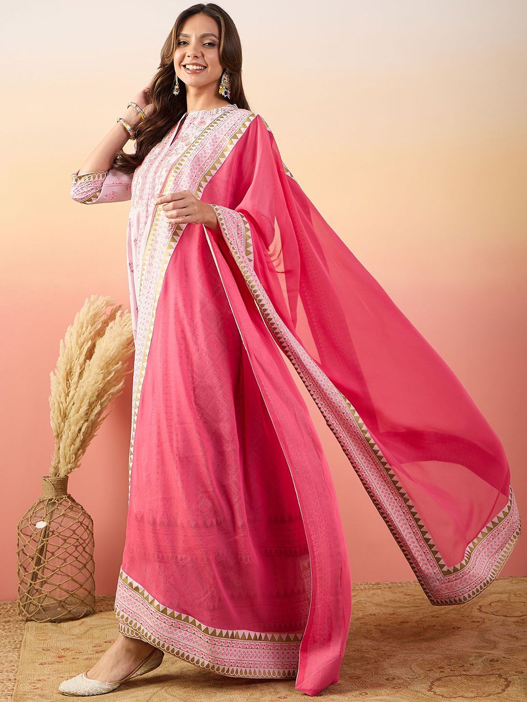 Dhiyona SN Printed Shirt Collar Kurta, Palazzo & Dupatta Set