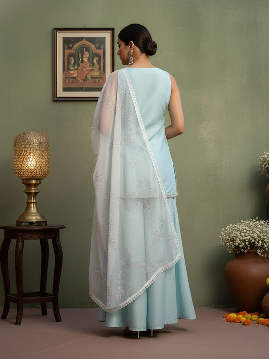 Silk Blend Solid Kurta with Sharara & Duppatta