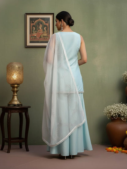 Silk Blend Solid Kurta with Sharara & Duppatta