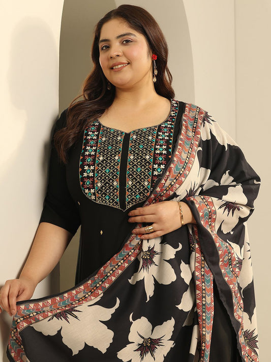 Dhiyona Women's Plus Size Floral Embroidered Thread Work Kurta With Trousers & Dupatta