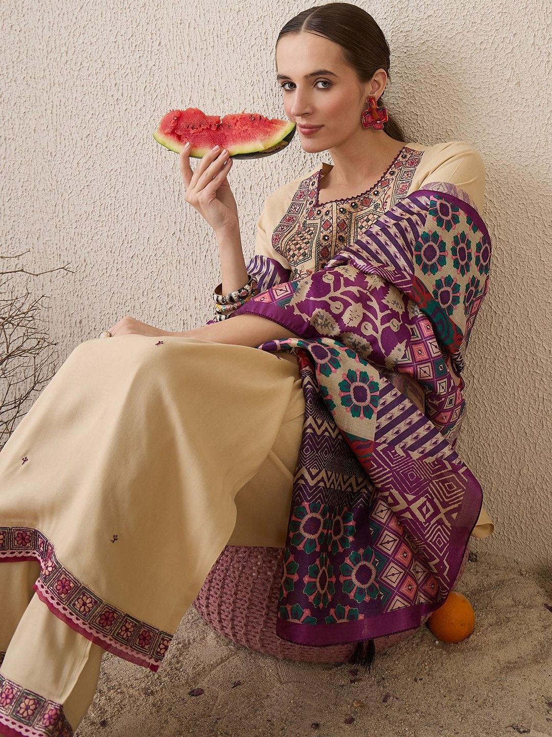 Dhiyona IE Women Ethnic Motifs Embroidered Regular Thread Work Kurta with Salwar & Dupatta