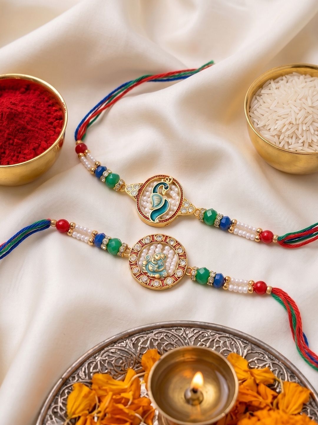 Dhiyona Set Of 2 Multicolor Peacock Design Rakhi With Roli Chawal Chandan Mishri