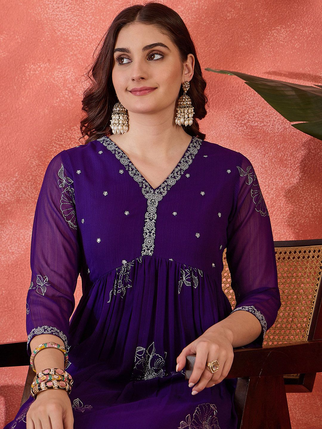 Dhiyona SN Women's Embroidered V-Neck Anarkali Georgette Kurta & Trousers