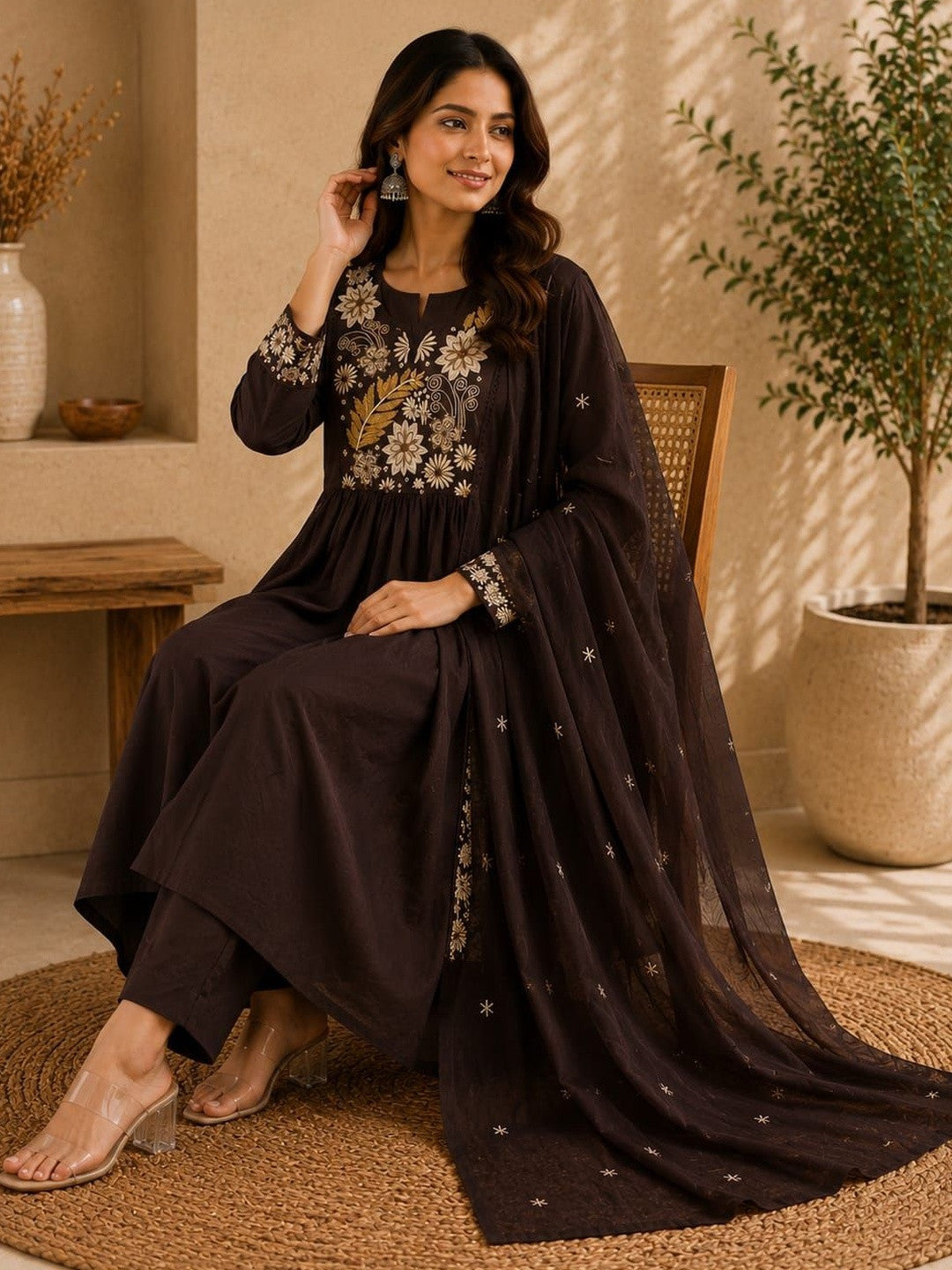 Women Floral Embroidered Empire Thread Work Pure Cotton Kurta with Trousers & With Dupatta