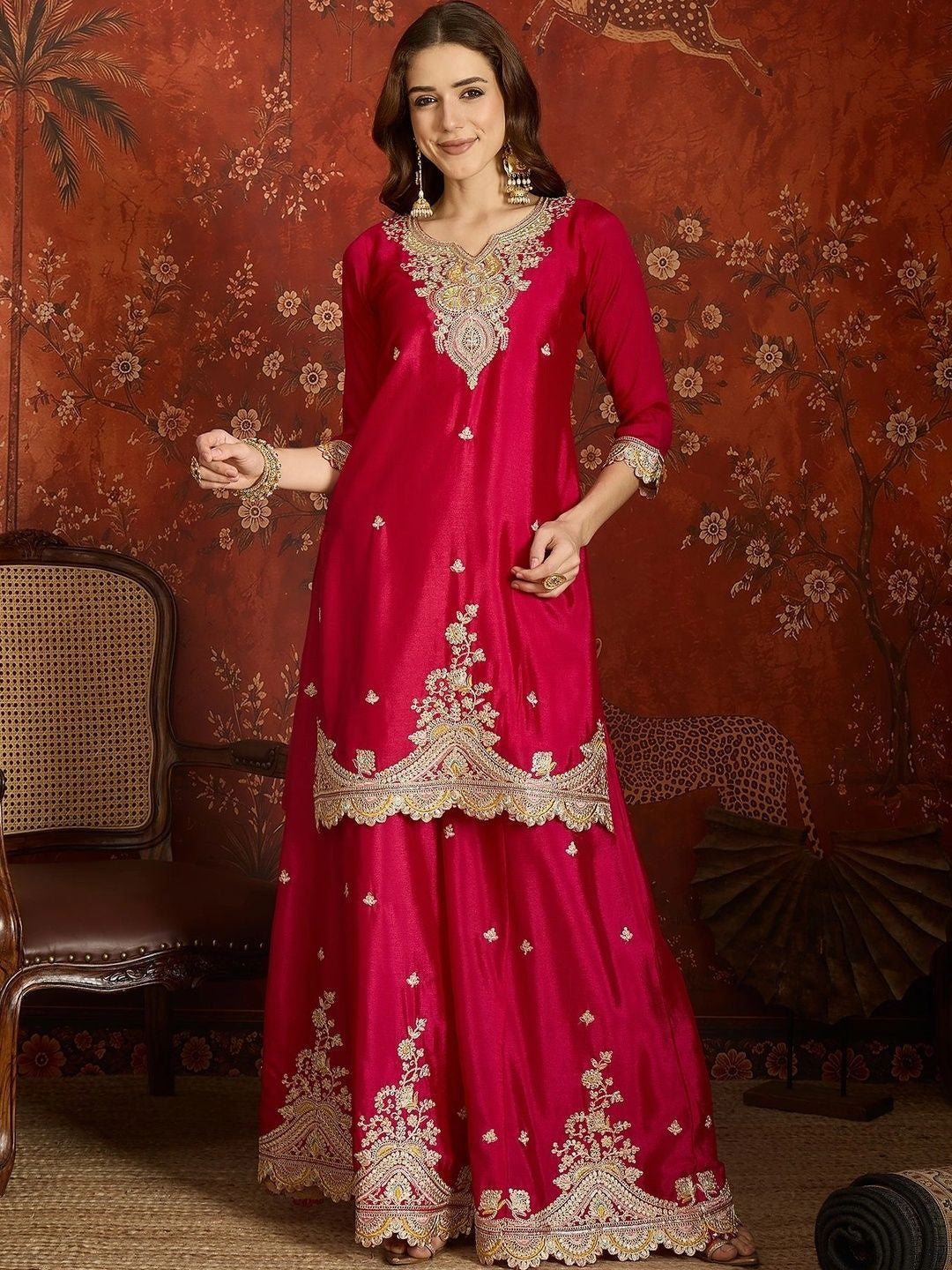 Women Ethnic Motifs Embroidered Regular Kurta with Sharara & With Dupatta