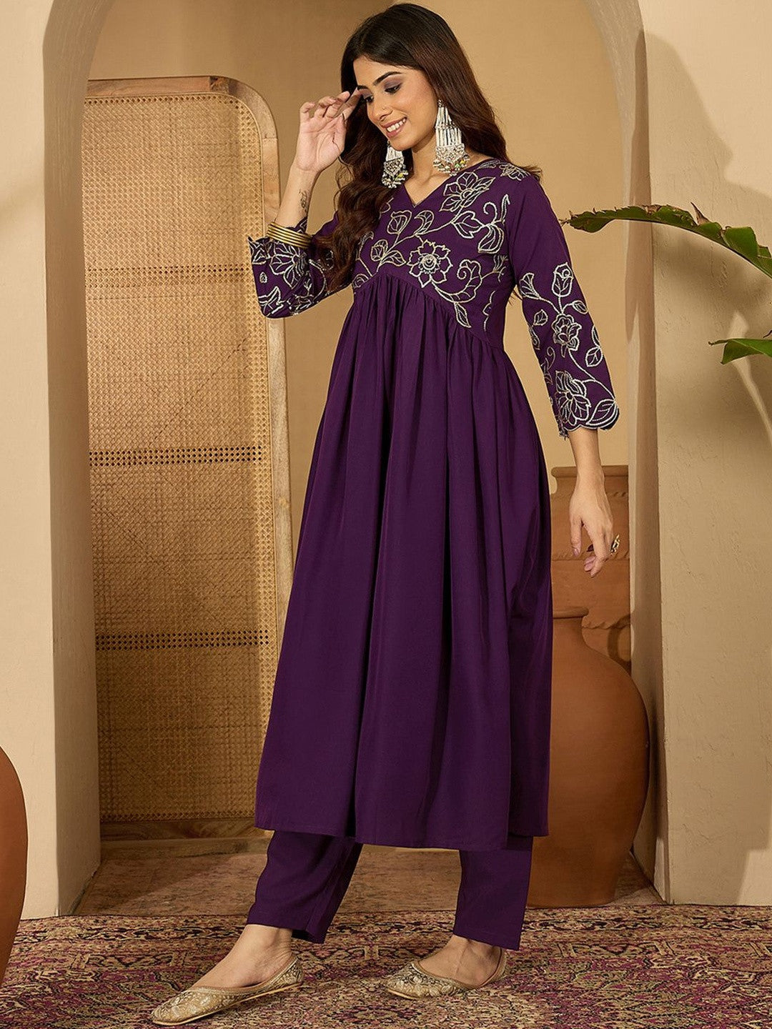 Floral Embroidered Empire Sequinned A-Line Kurta With Trouser