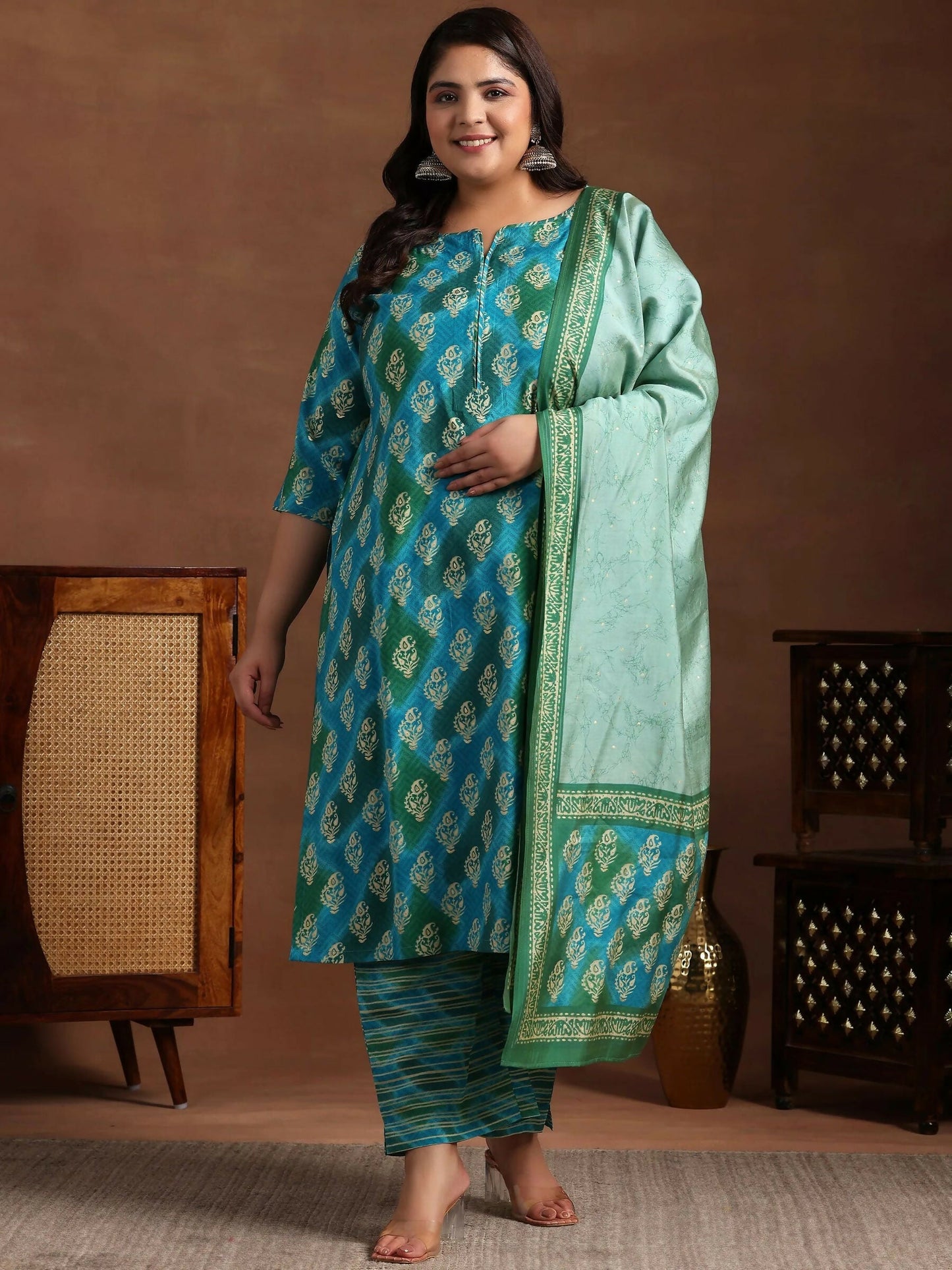 Women's LB Plus Size Blue Printed Silk Blend Straight Suit With Dupatta