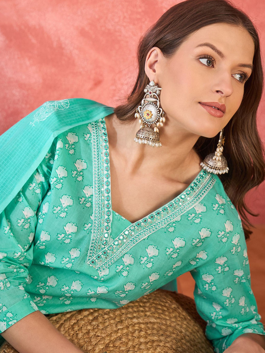 Floral Printed V-Neck Mirror Work Pure Cotton Straight Kurta & Trouser & Dupatta